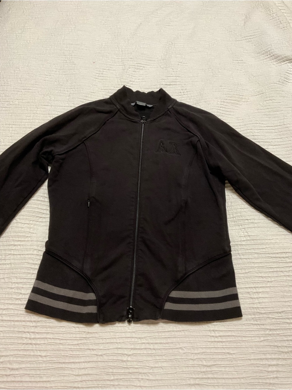 Armani Exchange Black Bomber Jacket with Gray Stripe Hem Detail